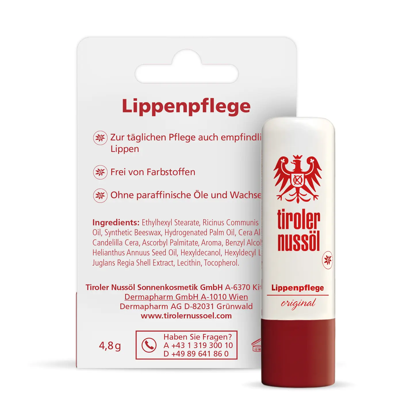 Tiroler Nussöl Original Lippenpflege – Packshot mit Verpackung Rückansicht