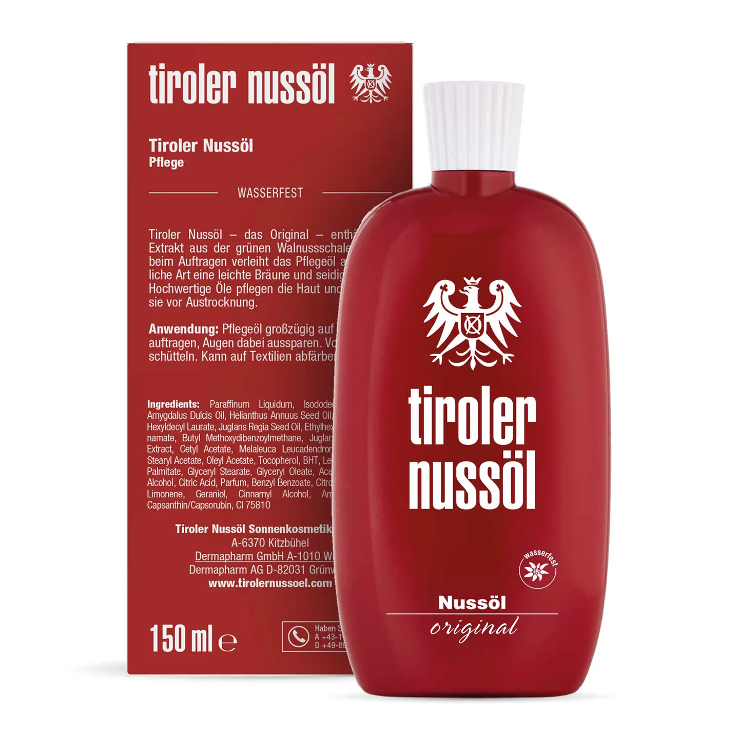  Tiroler Nussöl Original Sonnenöl – Packshot frontal und Verpackung Rückansicht