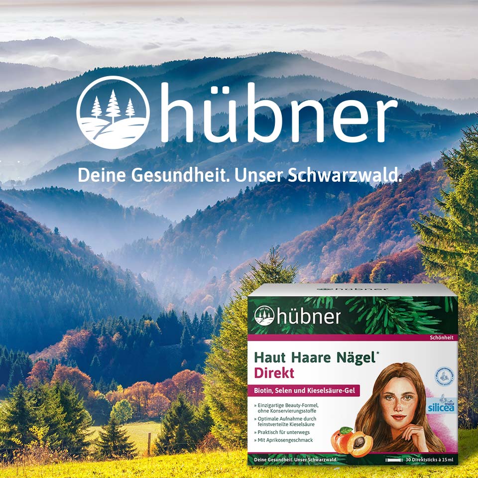 Bergpanorama im Nebel mit einer grünen Bäumen im Vordergrund und auf der Wiese steht eine Produktabbildung von Hübner Haut Haare Nägel Direkt.