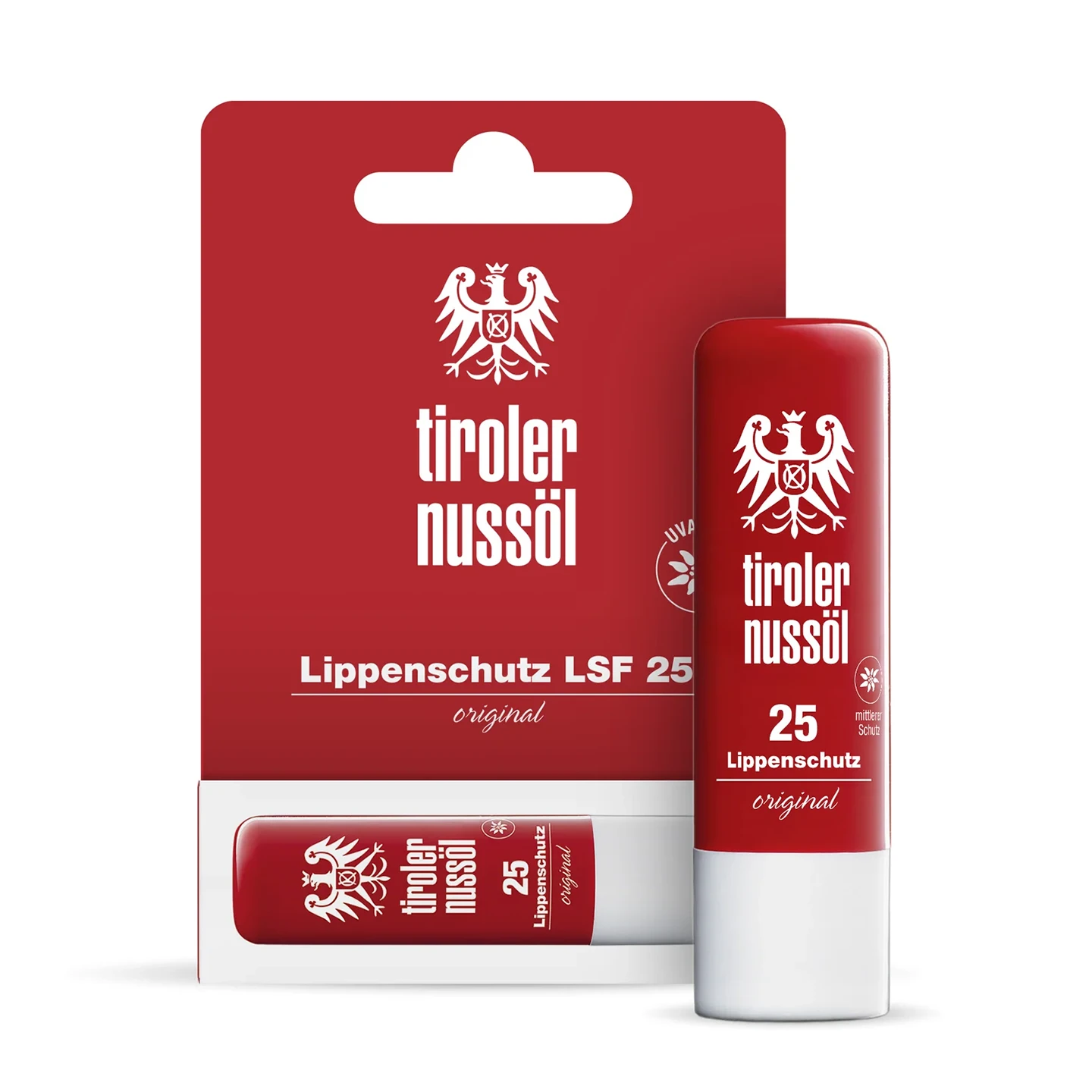  Tiroler Nussöl Original Lippenschutz Lichtschutzfaktor 25  – Packshot mit Verpackung Vorderansicht