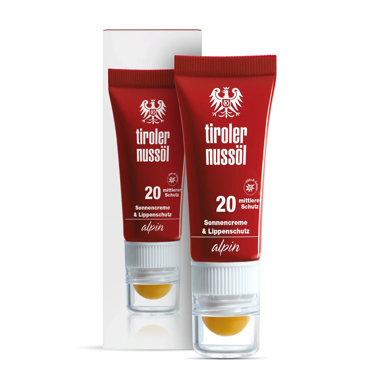Tiroler Nussöl Alpin Sonnencreme & Lippenschutz Lichtschutzfaktor 20 – Packshot und Verpackung Vorderansicht